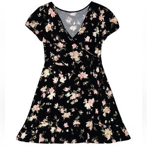 New No Boundaries Black Floral Faux Wrap Dress Resortwear Youth Girls M (7-9)